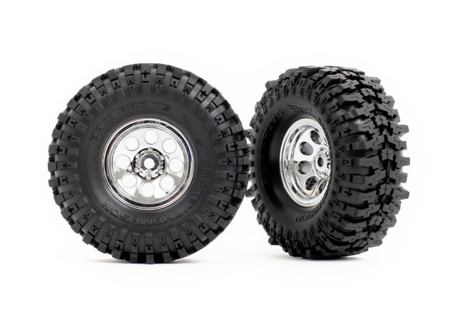 TRA9873, Tires & wheels, assembled (chrome 1.0' wheels, Mickey Thompson® Baja Pro™ Xs 2.4x1.0' tires) (2)