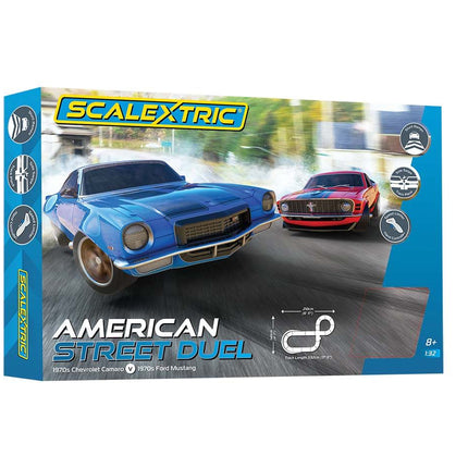 C1429T, Scalextric 1/32 Scale Slot Car Race Track Set American Street Duel 1970's Camaro vs. Mustang Blue & Red