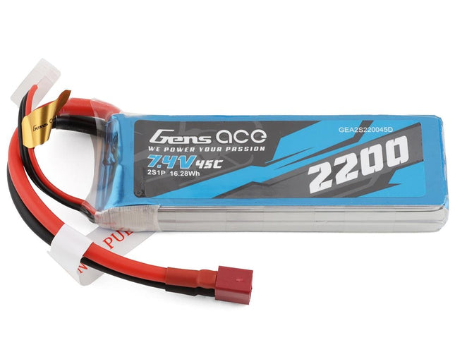GEA2S220045D, Gens Ace 2s LiPo Battery 45C (7.4V/2200mAh) w/T-Style Connector