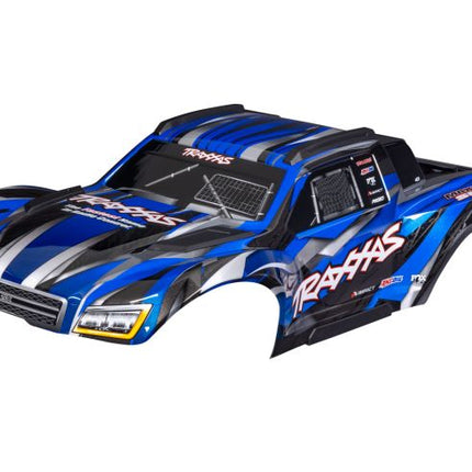 TRA10211-BLUE, Traxxas Body, Maxx Slash®, Blue (painted)/ decal sheet (assembled with body support, body plastics, & latches for clipless mounting)