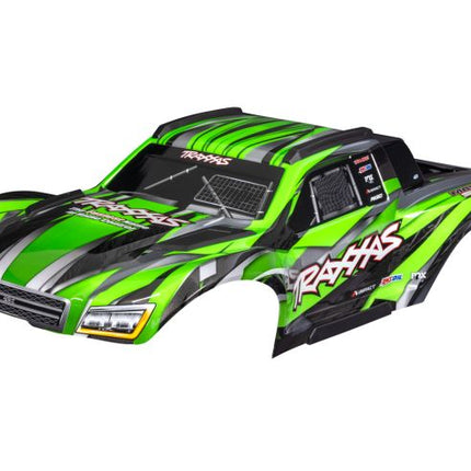 TRA10211-GRN, Traxxas Body, Maxx Slash®, Green (painted)/ decal sheet (assembled with body support, body plastics, & latches for clipless mounting)
