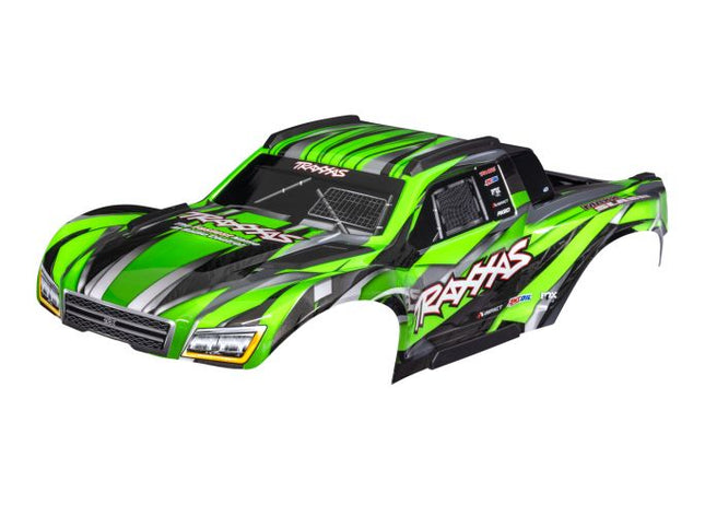 TRA10211-GRN, Traxxas Body, Maxx Slash®, Green (painted)/ decal sheet (assembled with body support, body plastics, & latches for clipless mounting)
