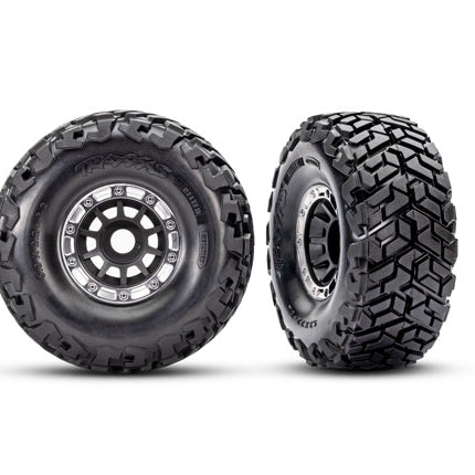 TRA10272-BLK, Traxxas Tires & wheels, assembled, glued, left (1), right (1) (black with satin beadlock wheels, Maxx Slash® belted tires, foam inserts) (17mm splined) (TSM® rated)