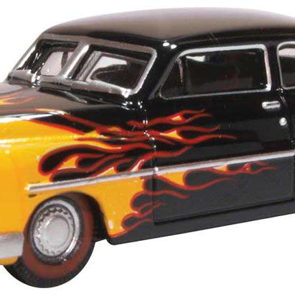 OXD-87ME49009, 1949 Mercury Eight Coupe - Assembled - Hot Rod (black, yellow flames) - HO Scale