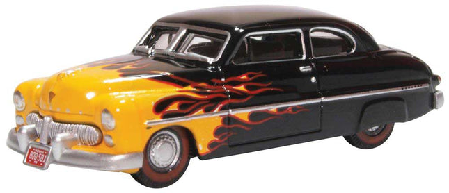 OXD-87ME49009, 1949 Mercury Eight Coupe - Assembled - Hot Rod (black, yellow flames) - HO Scale