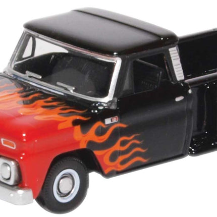 OXD-87CP65004, 1965 Chevrolet Stepside Pickup - Assembled - Black, Red, Orange Flames - HO Scale