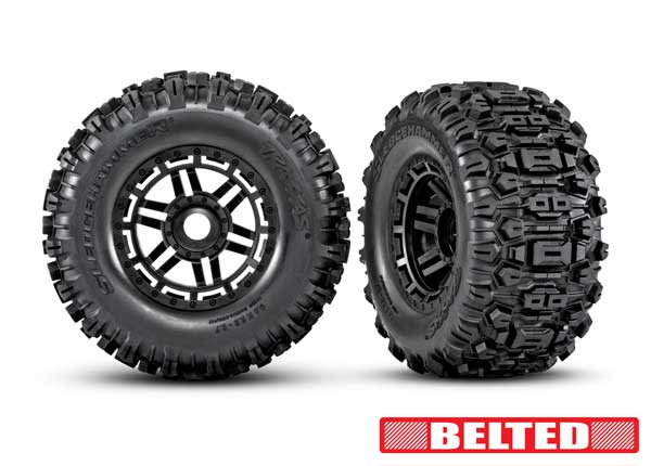 TRA8979, Traxxas Tires & Wheels, Assembled, Glued (Black Wheels, Belted All-Terrain Tires