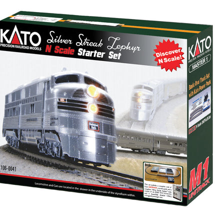 KAT1060041, Kato (N Scale) Silver Streak Zephyr Starter Set Chicago, Burlington & Quincy (silver, black)