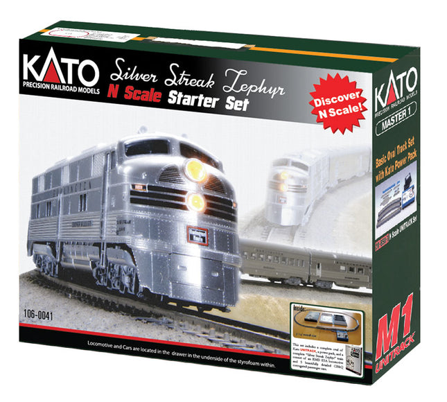 KAT1060041, Kato (N Scale) Silver Streak Zephyr Starter Set Chicago, Burlington & Quincy (silver, black)