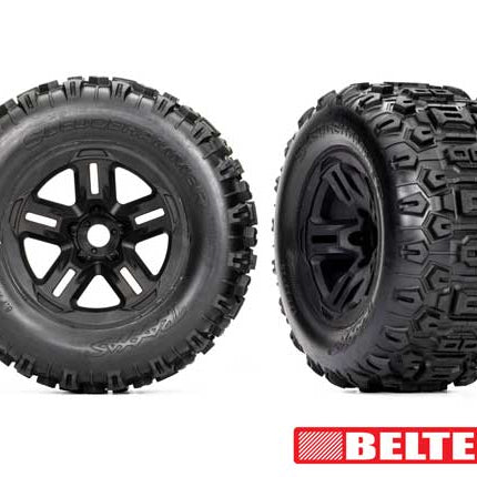 TRA9573, Traxxas Tires+Wheels Glued 3.8In Black Wheels