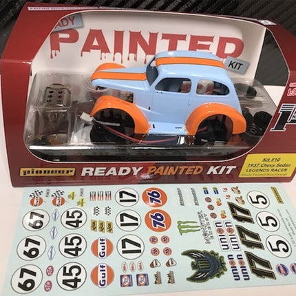 KIT#10(RP), Pioneer 1937 Chevy Sedan Legends Racer 'Ready Painted' (Blue/Orange) Kit 1/32 Slot Car