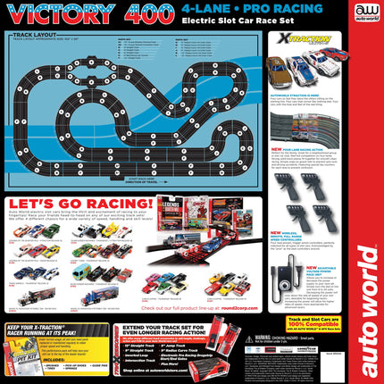 AWDSRS345, Auto World 36′ Victory 400 Slot Car Race Set 4 Lane