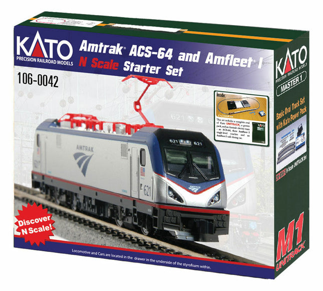 KAT1060042, Amtrak ACS-64 Amfleet I Starter Set -- Amtrak (Phase VI Scheme) Loco, 3 Amfleet I Coaches & Cafe, Track & Pack