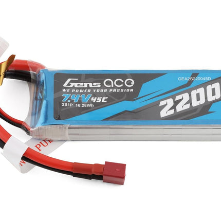 GEA2S220045D, Gens Ace 2s LiPo Battery 45C (7.4V/2200mAh) w/T-Style Connector