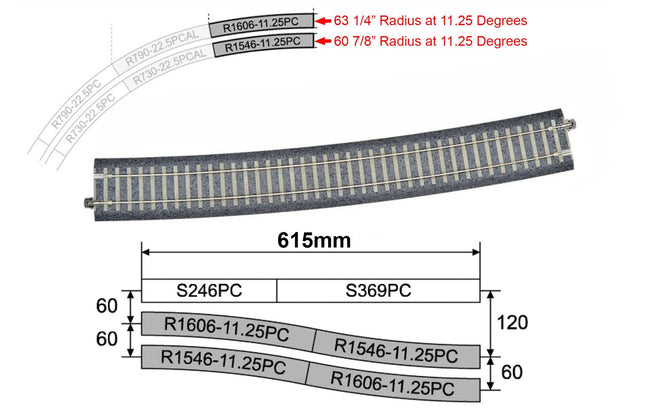 KAT2321, KATO HO Scale R1546mm (60-7/8”) Concrete Tie Curve Track/4pc