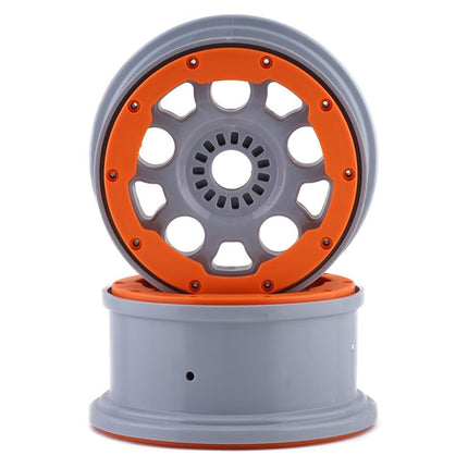 LOS45032, 1/5 Front/Rear 4.75 Beadlock Wheels, 24mm Hex, Silver/Orange (2): DBXL-E 2.0