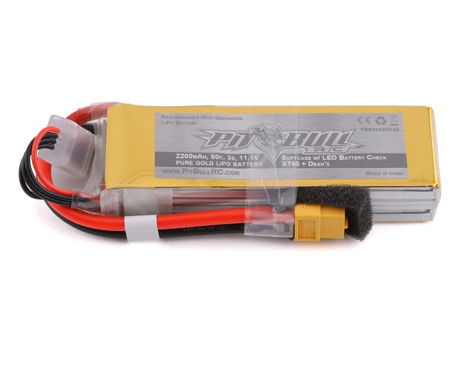 PBTPBB22A50C3S, Pit Bull Tires Pure Gold 3S 50C Softcase LiPo Battery (11.1V/2200mAh) w/Battery Life Indicator & XT60 Connector
