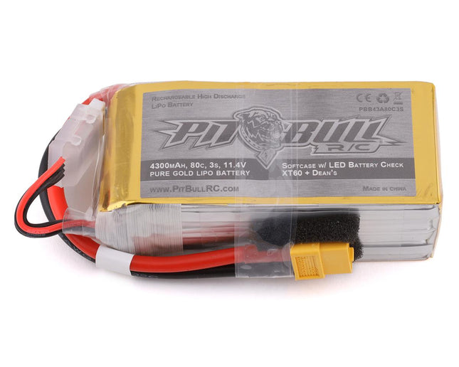 PBTPBB43A80C3S, Pit Bull Tires Pure Gold 3S 80C Softcase Shorty LiPo Battery (11.4V/4300mAh) w/Battery Life Indicator & XT60 Connector