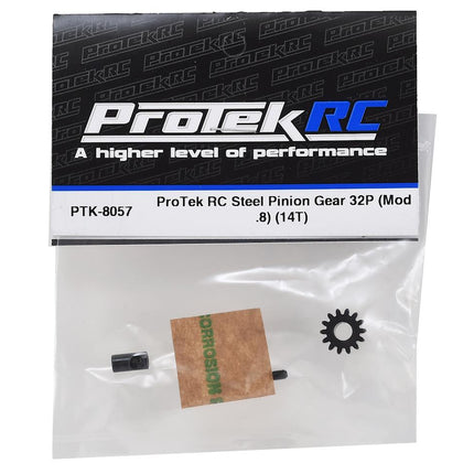 PTK-8057, ProTek RC Steel 32P Pinion Gear w/3.17mm Reducer Sleeve (Mod .8) (5mm Bore) (14T)