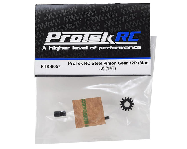 PTK-8057, ProTek RC Steel 32P Pinion Gear w/3.17mm Reducer Sleeve (Mod .8) (5mm Bore) (14T)