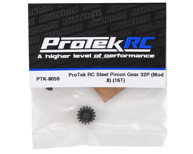 PTK-8059, ProTek RC Steel 32P Pinion Gear w/3.17mm Reducer Sleeve (Mod .8) (5mm Bore) (16T)