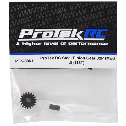 PTK-8061, ProTek RC Steel 32P Pinion Gear w/3.17mm Reducer Sleeve (Mod .8) (5mm Bore) (18T)