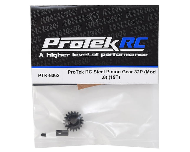 PTK-8062, ProTek RC Steel 32P Pinion Gear w/3.17mm Reducer Sleeve (Mod .8) (5mm Bore) (19T)