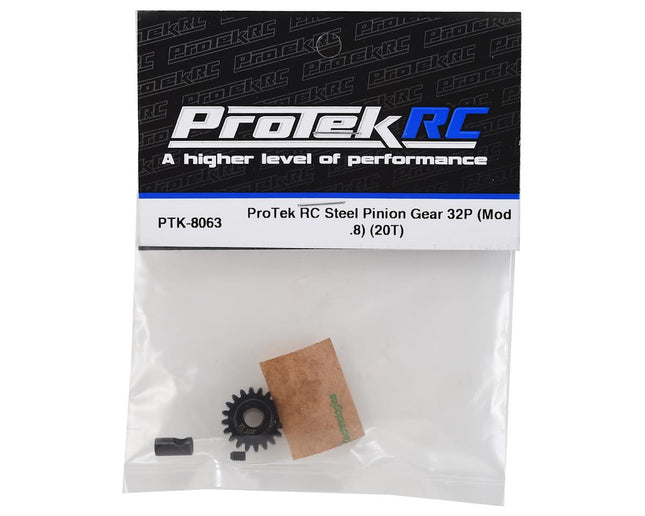 PTK-8063, ProTek RC Steel 32P Pinion Gear w/3.17mm Reducer Sleeve (Mod .8) (5mm Bore) (20T)