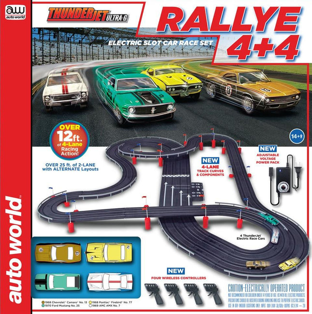 AWDSRS348, Auto World Rallye 4+4 4 Lane Slot Car Racing Set