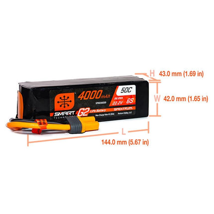 SPMX46S50, Spektrum RC 6S Smart G2 LiPo 50C Battery Pack (22.2V/4000mAh) w/IC5 Connector