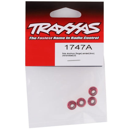 TRA1747A, Traxxas 4mm Aluminum Flanged Serrated Nuts (Red) (4)