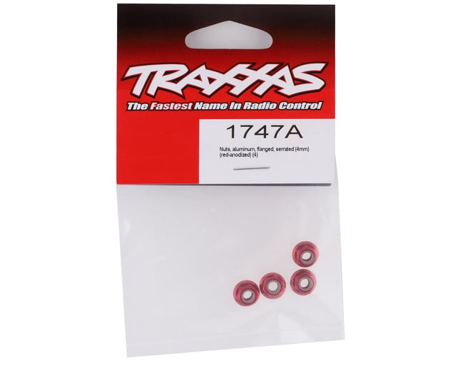 TRA1747A, Traxxas 4mm Aluminum Flanged Serrated Nuts (Red) (4)