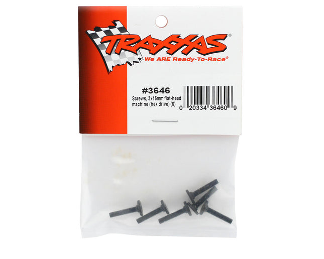 TRA3646, Traxxas 3x15mm Flat Head Screw (6) (VXL)