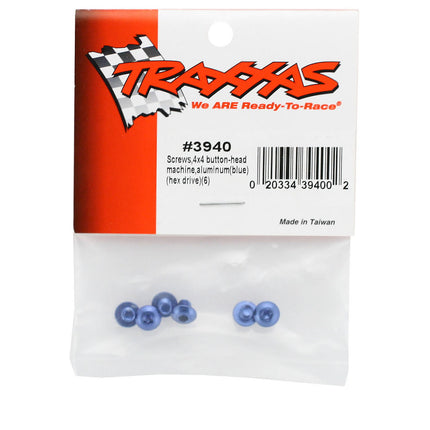 TRA3940, Traxxas 4x4mm Aluminum Button Head Screws (Blue) (6)