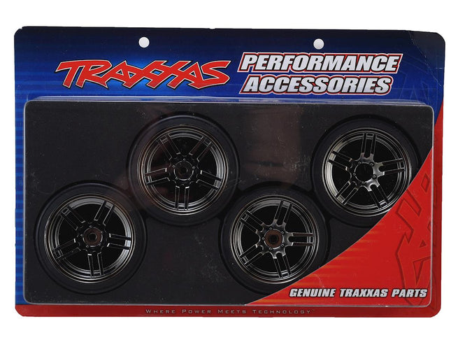 TRA8378, Traxxas 4-Tec 2.0 1.9" Front & Rear Pre-Mounted Drift Tires (Black Chrome) w/12mm Hex Split-Spoke Wheels (4)