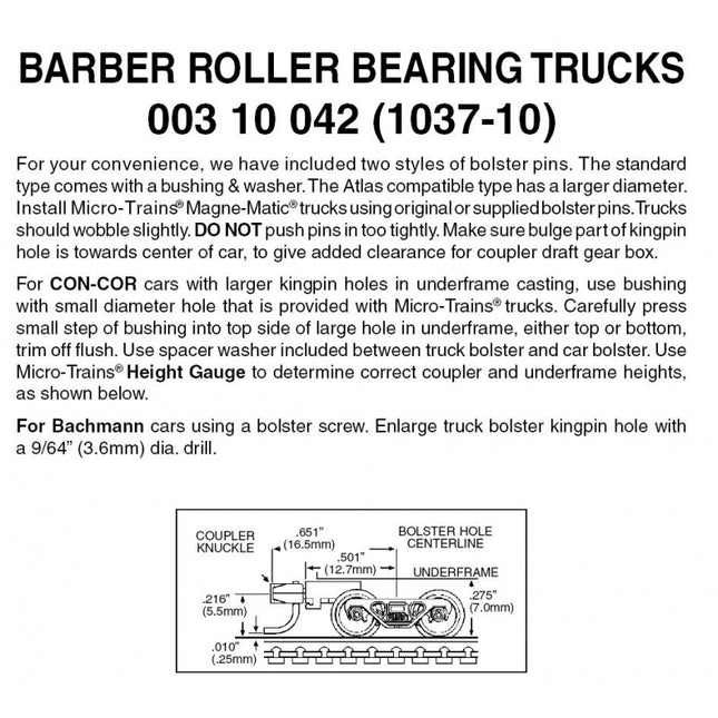 003 10 042, N Scale Barber Roller Bearing Trucks w/ med. ext. couplers 10 pr.
