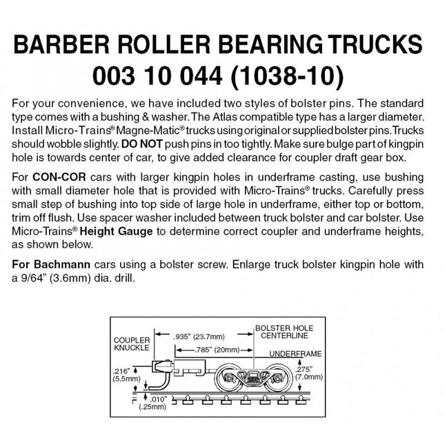 003 10 044, N Scale Barber Roller Bearing Trucks w/ long ext. couplers 10 pr (1038-10)