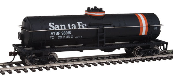 931-1444, WalthersTrainline Atchison, Topeka & Santa Fe #98016 HO Scale Tank Car  (black, Orange & White Stripes)