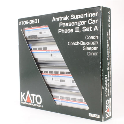 N Superliner Amtrak Phase III Set A (2002) - Coach #34003, Coach-Baggage #31000, Sleeper #32015, Diner #38009