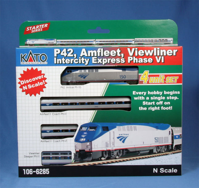 KAT106-6285-1, N GE P42, Amfleet, Viewliner Intercity Express Phase VI 4-Car “Starter Series” Set with Interior Lighting Installed