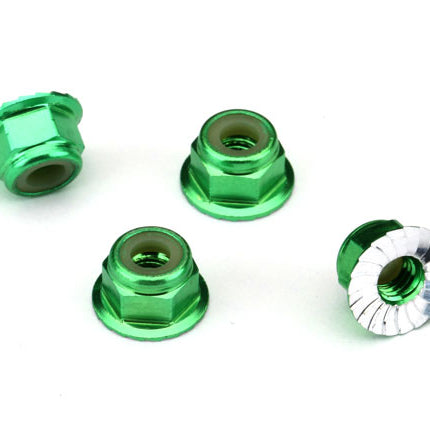 TRA1747G, Nuts, aluminum, flanged, serrated (4mm) (green-anodized) (4)