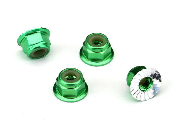 TRA1747G, Nuts, aluminum, flanged, serrated (4mm) (green-anodized) (4)