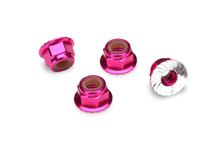 TRA1747P, Nuts, aluminum, flanged, serrated (4mm) (pink-anodized) (4)
