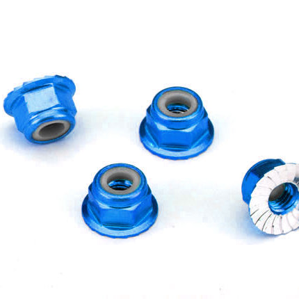 TRA1747R, Traxxas 4mm Aluminum Flanged Serrated Nuts (Blue) (4)
