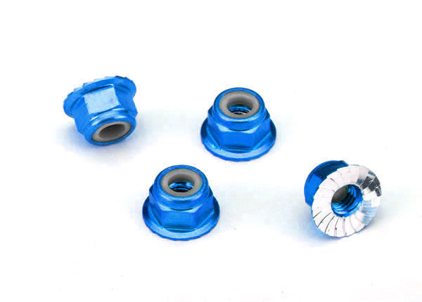 TRA1747R, Traxxas 4mm Aluminum Flanged Serrated Nuts (Blue) (4)