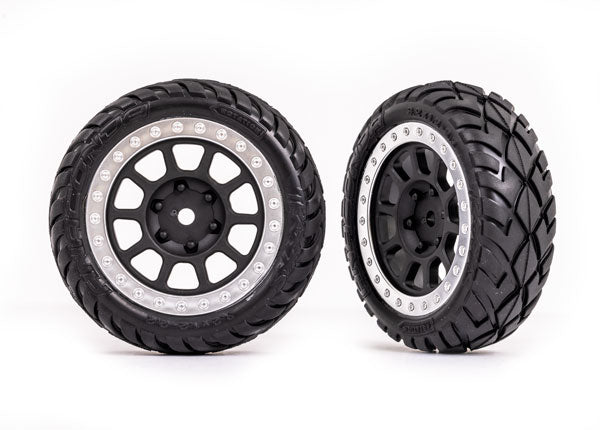 TRA2479G, Tires & wheels, assembled (2.2' black, satin chrome beadlock wheels, Anaconda® 2.2' tires with foam inserts) (2) (Bandit® front)