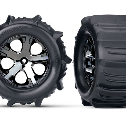 TRA3689, Tires & wheels, assembled, glued (2.8') (All-Star black chrome wheels, paddle tires, foam inserts) (2WD electric rear) (2) (TSM rated)