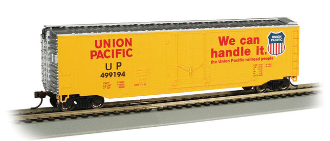 Bachmann Industries Part # 160-18038 50' Plug-Door Boxcar - Silver Series(R) -- Union Pacific #499194 (Armour Yellow, red, silver; "We Can Handle It" Slogan)