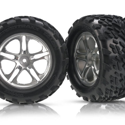 TRA5174A, Tires & wheels, assembled, glued (Split-Spoke satin-finish wheels, Talon tires, foam inserts) (2) (fits Revo®/T-Maxx®/E-Maxx with 6mm axle and 14mm hex)
