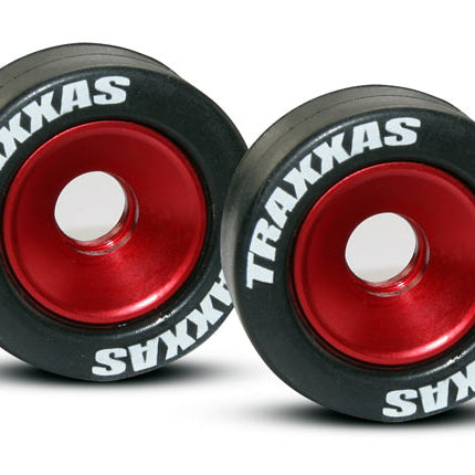 TRA5186, Traxxas Machined Aluminum Wheels w/ Rubber Tires (Wheelie Bar) (2)